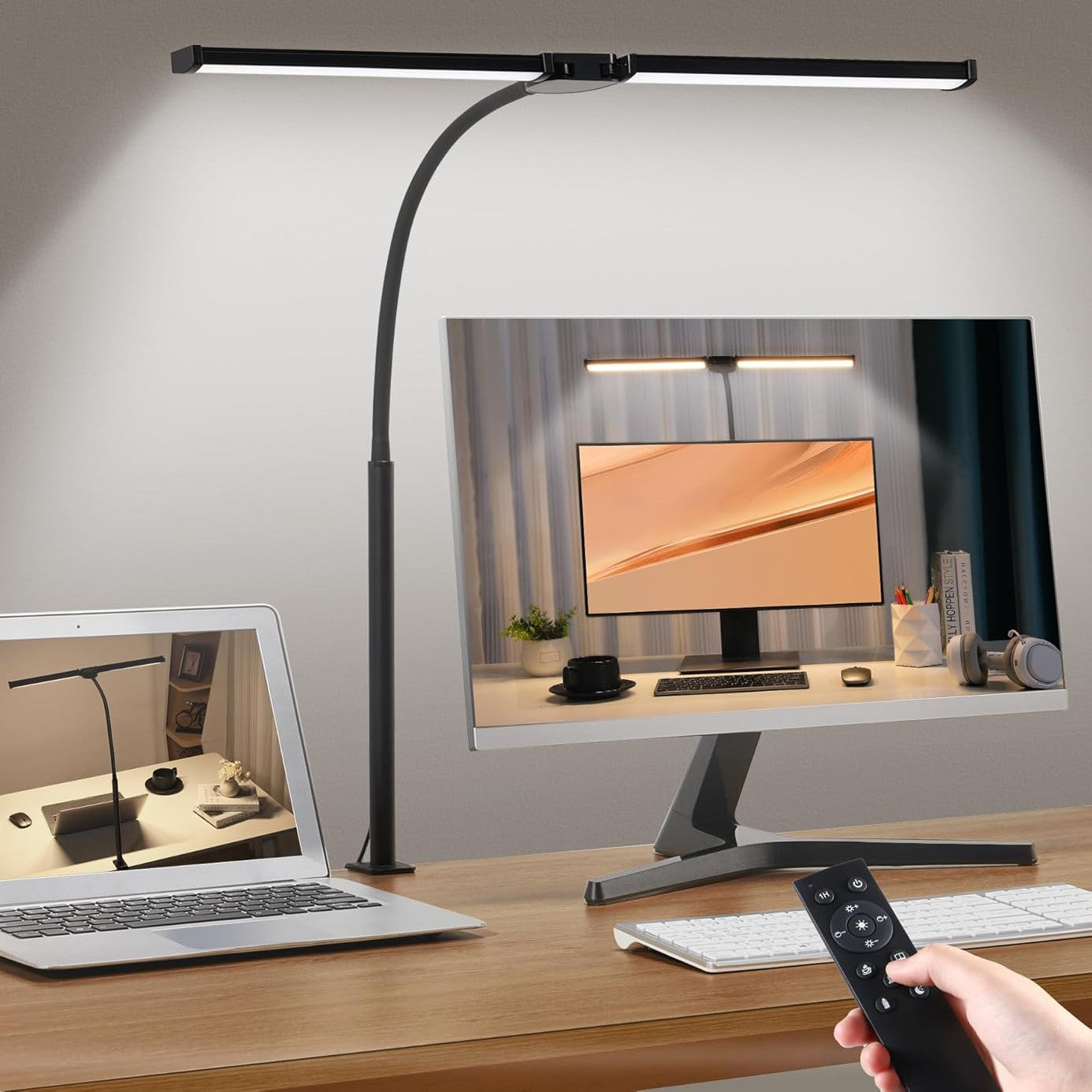 24W Triple-Head LED Desk Lamp with Clamp, Auto-Dimming, and 360° Flexible Gooseneck Design for Office and Home