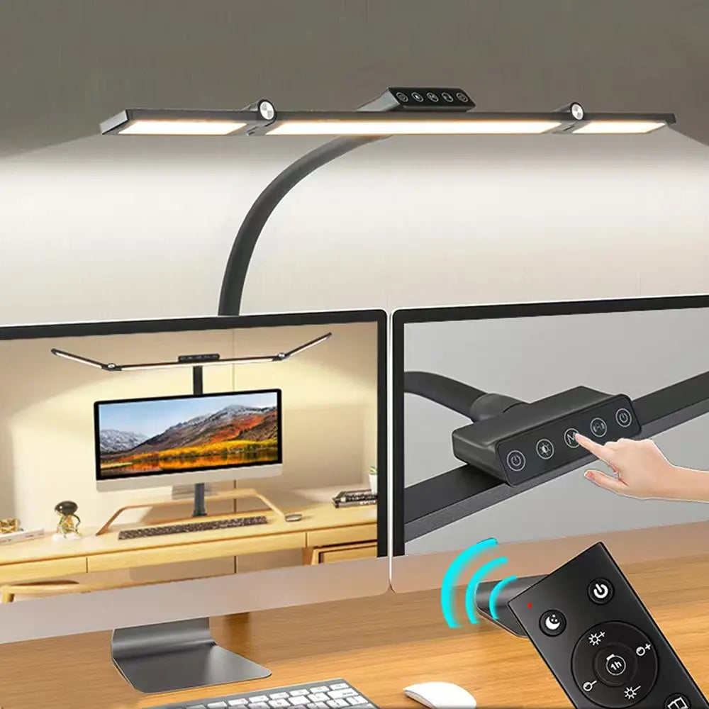 24W Triple-Head LED Desk Lamp with Clamp, Auto-Dimming, and 360° Flexible Gooseneck Design for Office and Home