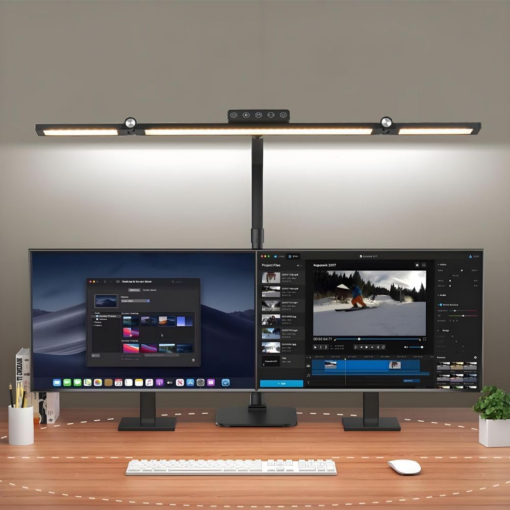 24W Triple-Head LED Desk Lamp with Clamp, Auto-Dimming, and 360° Flexible Gooseneck Design for Office and Home