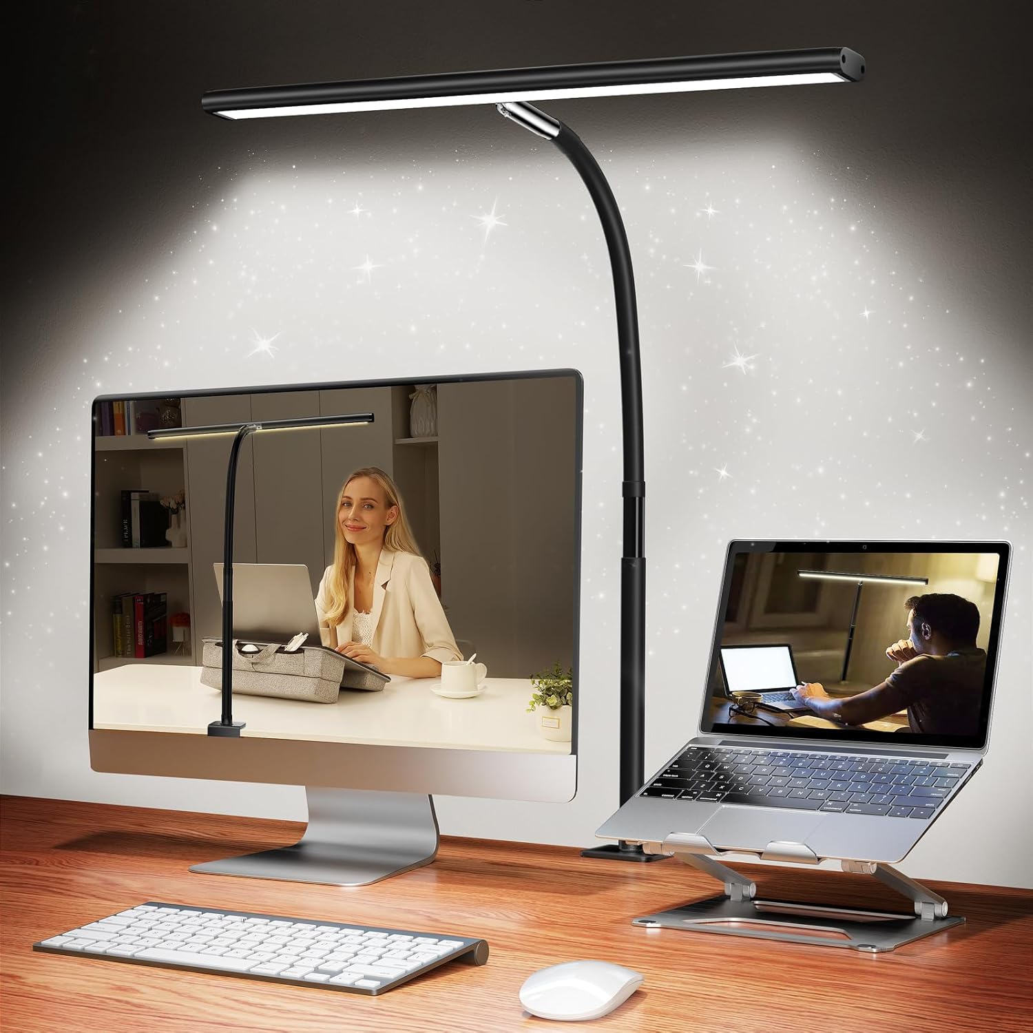 24W Triple-Head LED Desk Lamp with Clamp, Auto-Dimming, and 360° Flexible Gooseneck Design for Office and Home