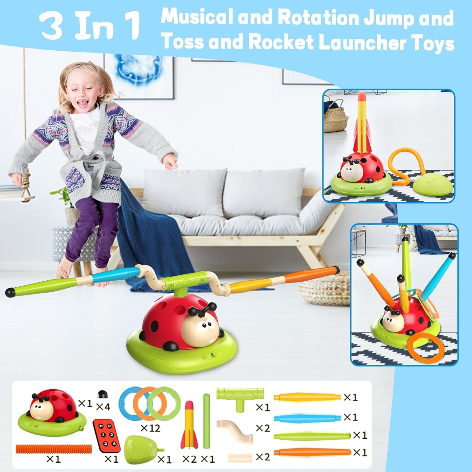 3-in-1 Active Play Toy – Jump, Ring Toss & Rocket Launch with Musical & Remote-Controlled, Easy to Assemble, Safe for Ages 3+