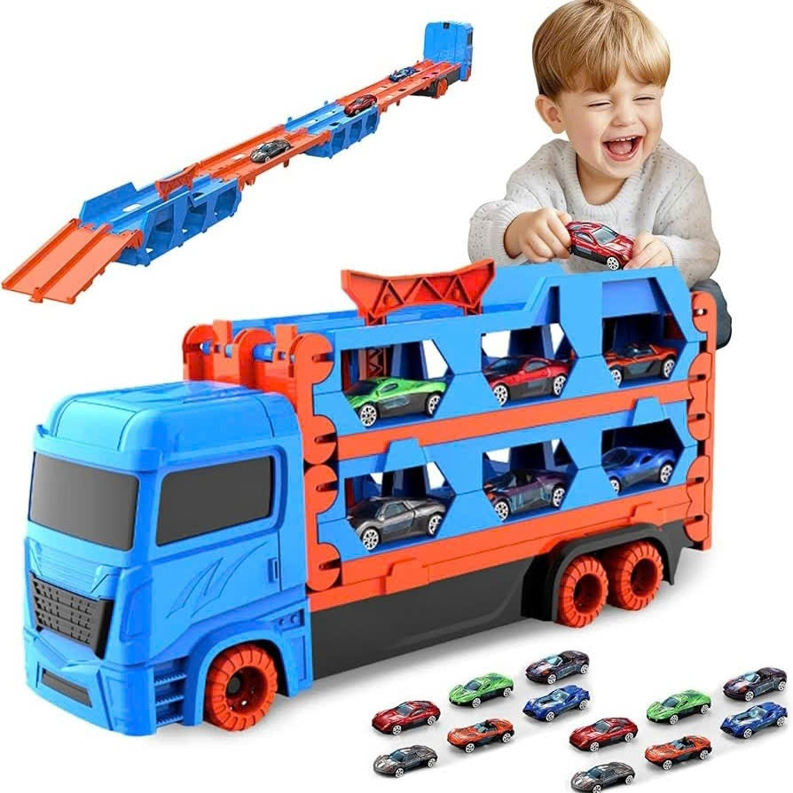 3-in-1 Car Transporter Truck with Racetrack & Toy Cars, Foldable, No Batteries Required, Safe for Ages 3+