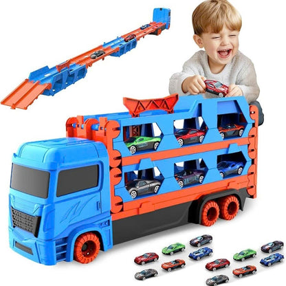 3-in-1 Car Transporter Truck with Racetrack & Toy Cars, Foldable, No Batteries Required, Safe for Ages 3+