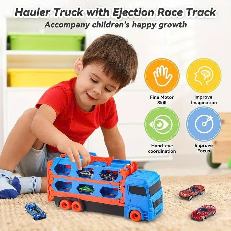 3-in-1 Car Transporter Truck with Racetrack & Toy Cars, Foldable, No Batteries Required, Safe for Ages 3+