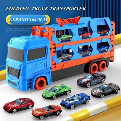 3-in-1 Car Transporter Truck with Racetrack & Toy Cars, Foldable, No Batteries Required, Safe for Ages 3+