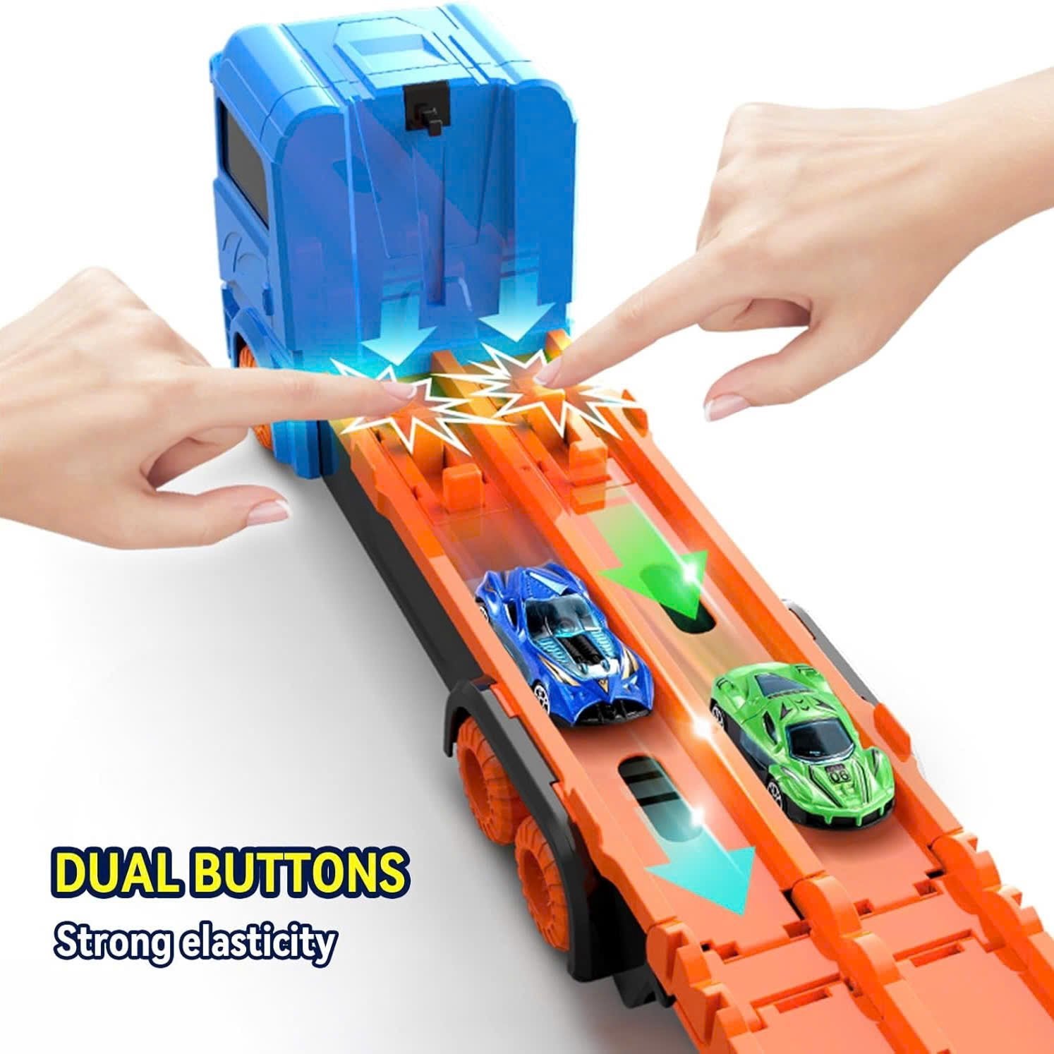 3-in-1 Car Transporter Truck with Racetrack & Toy Cars, Foldable, No Batteries Required, Safe for Ages 3+