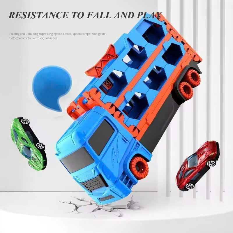3-in-1 Car Transporter Truck with Racetrack & Toy Cars, Foldable, No Batteries Required, Safe for Ages 3+