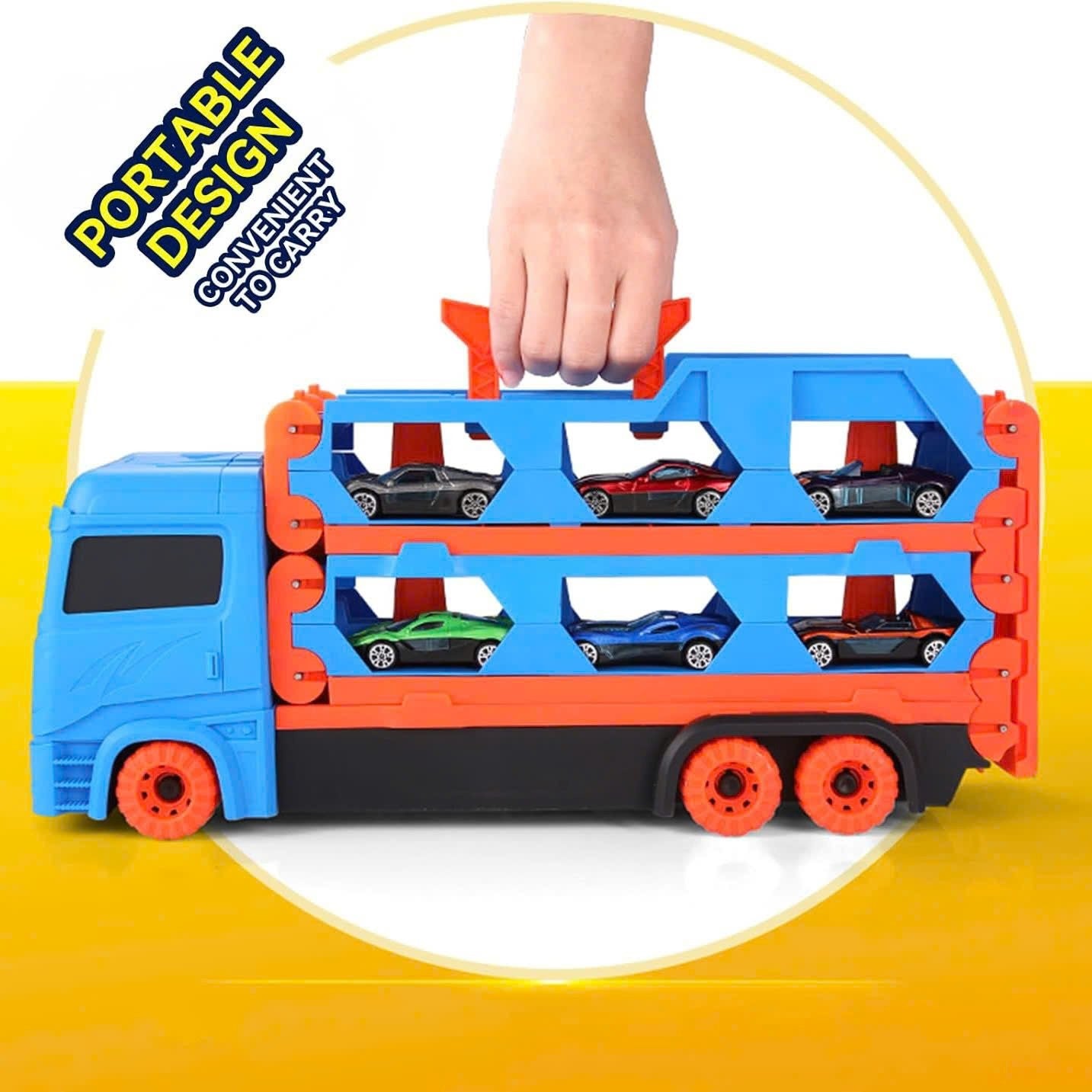 3-in-1 Car Transporter Truck with Racetrack & Toy Cars, Foldable, No Batteries Required, Safe for Ages 3+