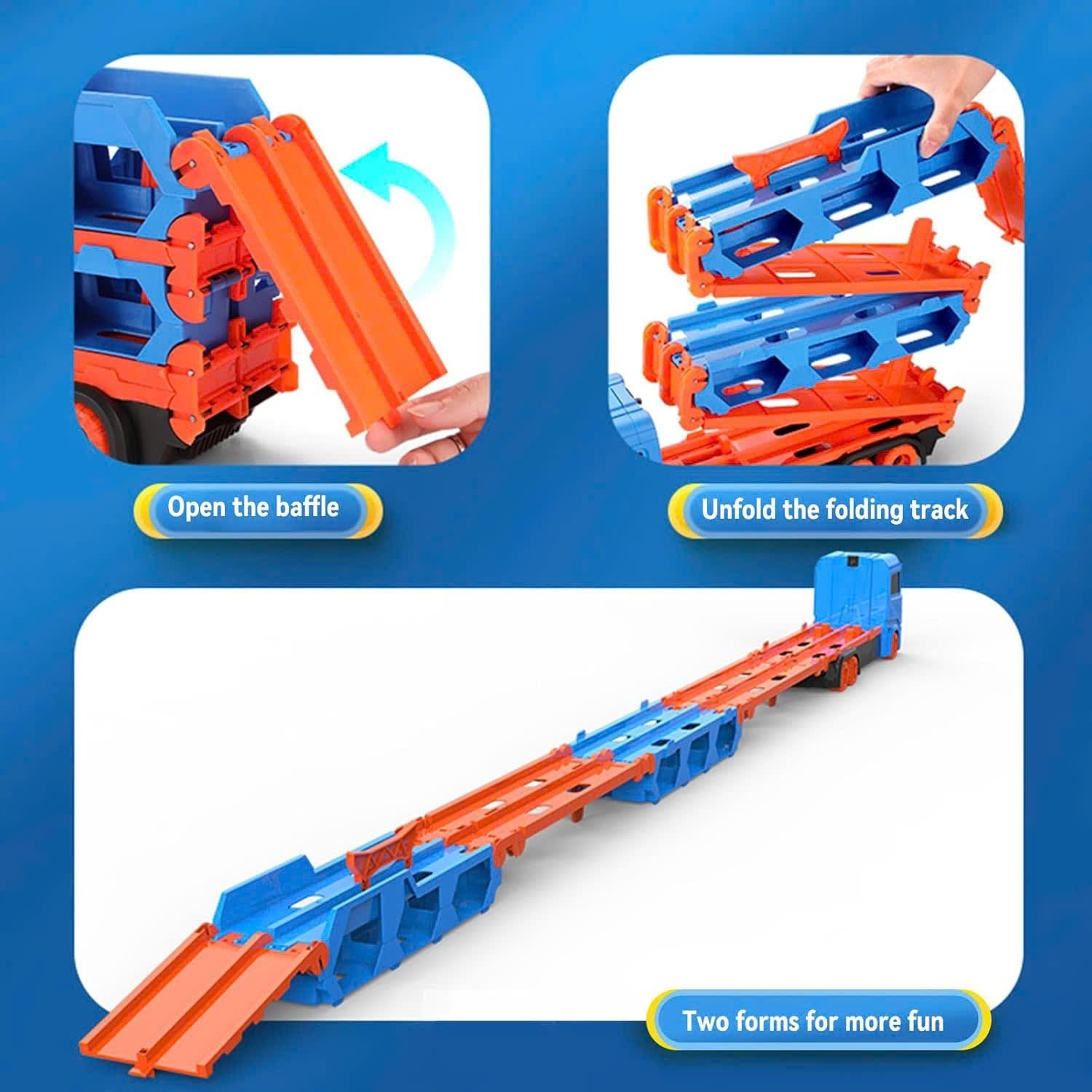 3-in-1 Car Transporter Truck with Racetrack & Toy Cars, Foldable, No Batteries Required, Safe for Ages 3+
