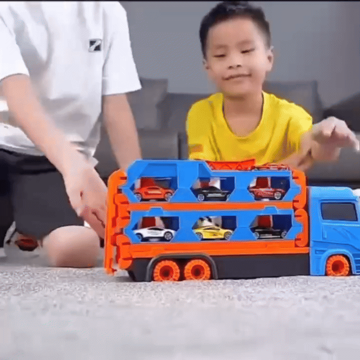 3-in-1 Car Transporter Truck with Racetrack & Toy Cars, Foldable, No Batteries Required, Safe for Ages 3+