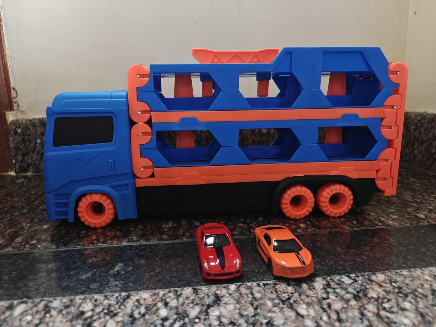3-in-1 Car Transporter Truck with Racetrack & Toy Cars, Foldable, No Batteries Required, Safe for Ages 3+