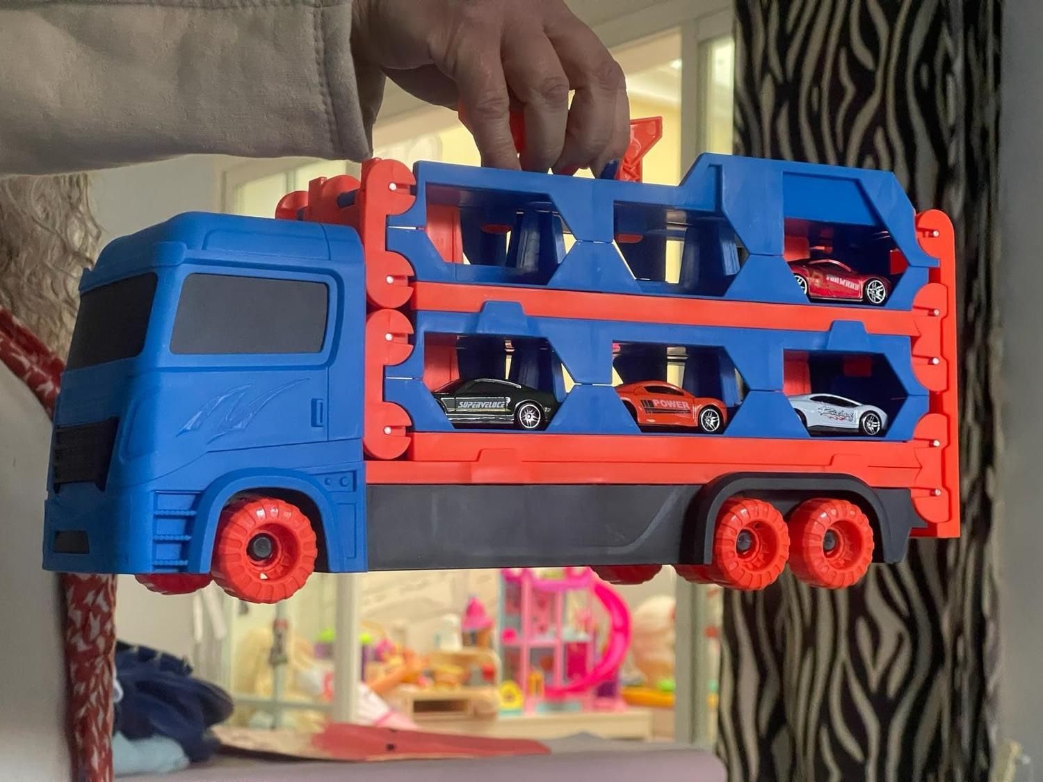 3-in-1 Car Transporter Truck with Racetrack & Toy Cars, Foldable, No Batteries Required, Safe for Ages 3+