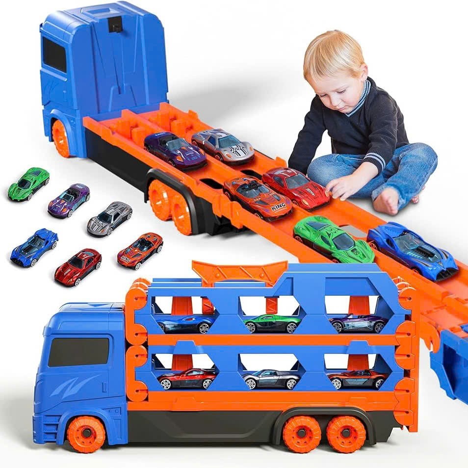 3-in-1 Car Transporter Truck with Racetrack & Toy Cars, Foldable, No Batteries Required, Safe for Ages 3+