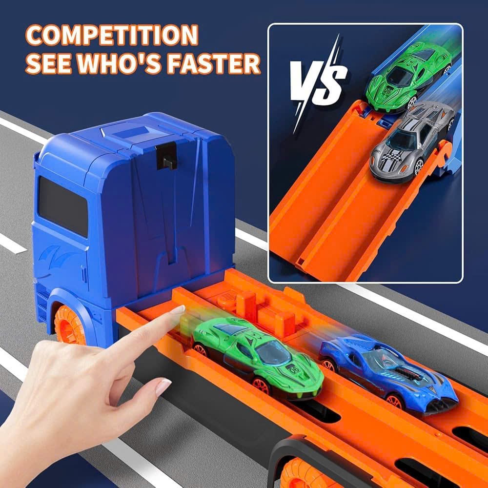 3-in-1 Car Transporter Truck with Racetrack & Toy Cars, Foldable, No Batteries Required, Safe for Ages 3+