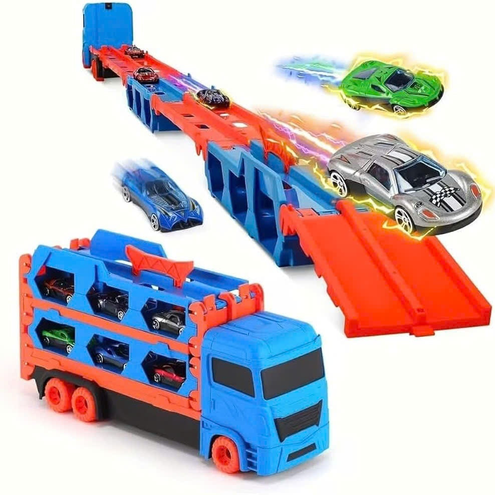 3-in-1 Car Transporter Truck with Racetrack & Toy Cars, Foldable, No Batteries Required, Safe for Ages 3+