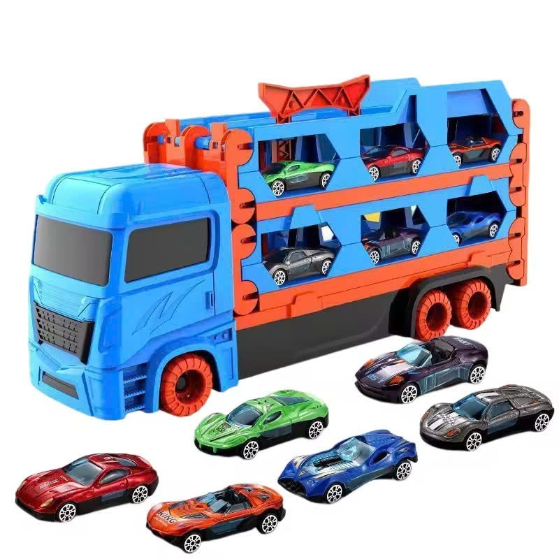 3-in-1 Car Transporter Truck with Racetrack & Toy Cars, Foldable, No Batteries Required, Safe for Ages 3+