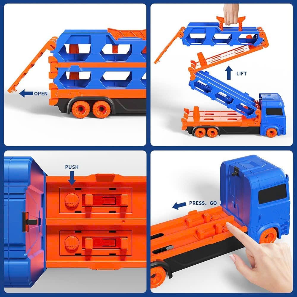 3-in-1 Car Transporter Truck with Racetrack & Toy Cars, Foldable, No Batteries Required, Safe for Ages 3+