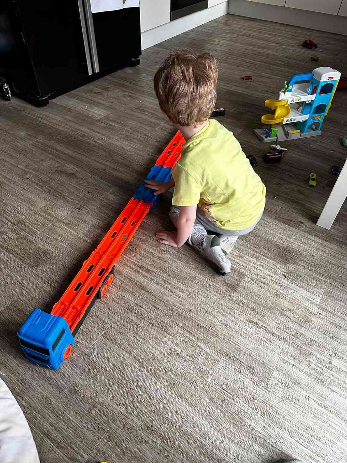 3-in-1 Car Transporter Truck with Racetrack & Toy Cars, Foldable, No Batteries Required, Safe for Ages 3+