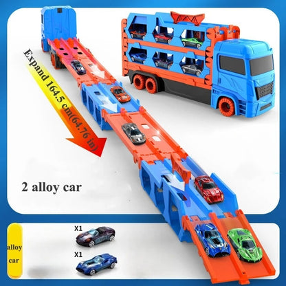3-in-1 Car Transporter Truck with Racetrack & Toy Cars, Foldable, No Batteries Required, Safe for Ages 3+