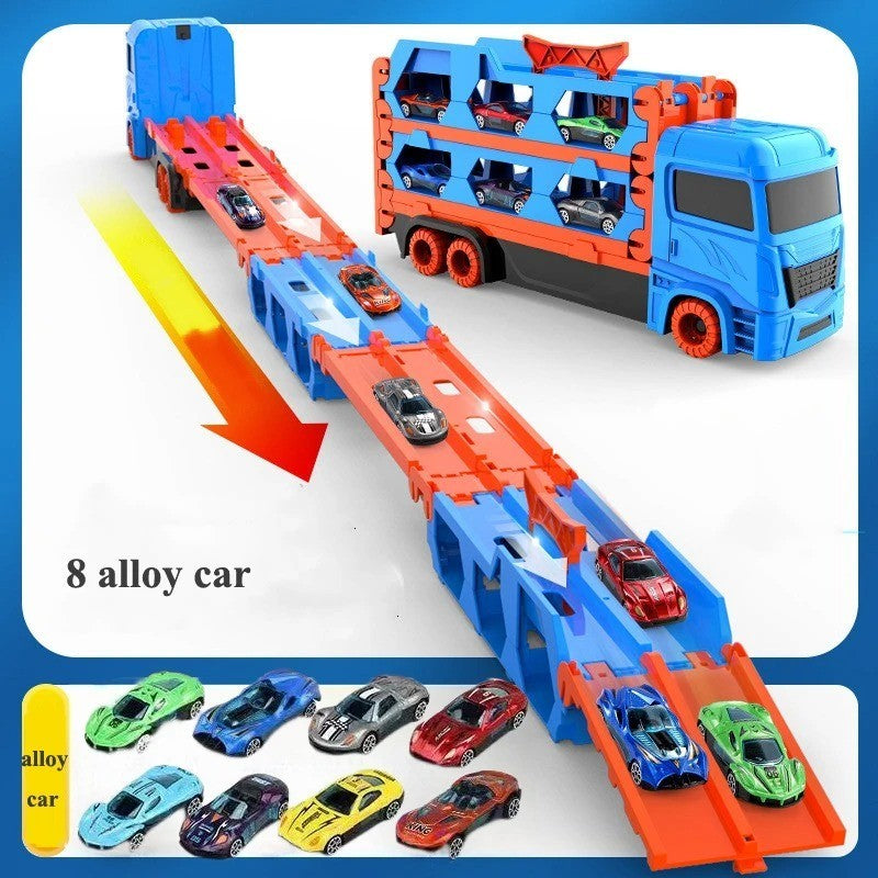 3-in-1 Car Transporter Truck with Racetrack & Toy Cars, Foldable, No Batteries Required, Safe for Ages 3+
