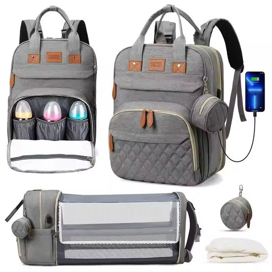 3-in-1 Diaper Bag Backpack with Foldable Baby Bed & USB Charging Port – Waterproof Travel Bag with Changing Station