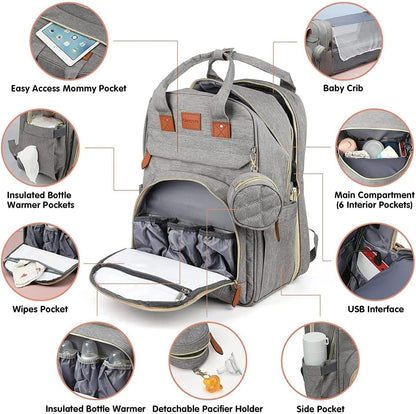 3-in-1 Diaper Bag Backpack with Foldable Baby Bed & USB Charging Port – Waterproof Travel Bag with Changing Station