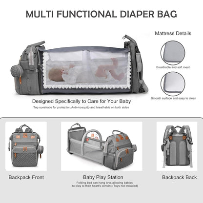 3-in-1 Diaper Bag Backpack with Foldable Baby Bed & USB Charging Port – Waterproof Travel Bag with Changing Station