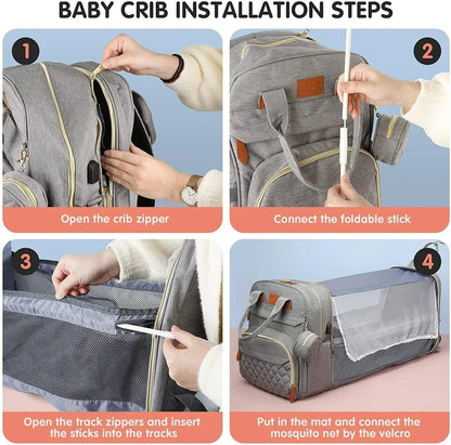 3-in-1 Diaper Bag Backpack with Foldable Baby Bed & USB Charging Port – Waterproof Travel Bag with Changing Station