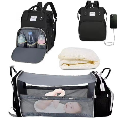 3-in-1 Diaper Bag Backpack with Foldable Baby Bed & USB Charging Port – Waterproof Travel Bag with Changing Station