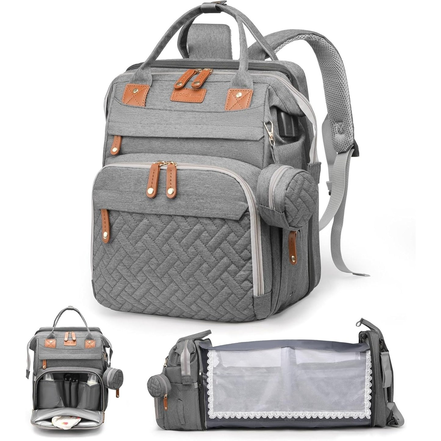 3-in-1 Diaper Bag Backpack with Foldable Baby Bed & USB Charging Port – Waterproof Travel Bag with Changing Station