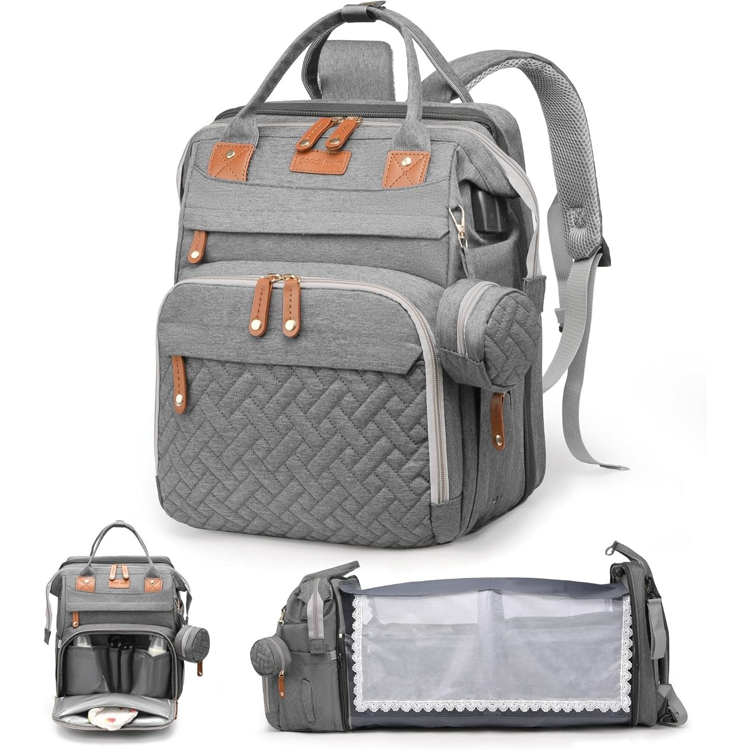 3-in-1 Diaper Bag Backpack with Foldable Baby Bed & USB Charging Port – Waterproof Travel Bag with Changing Station
