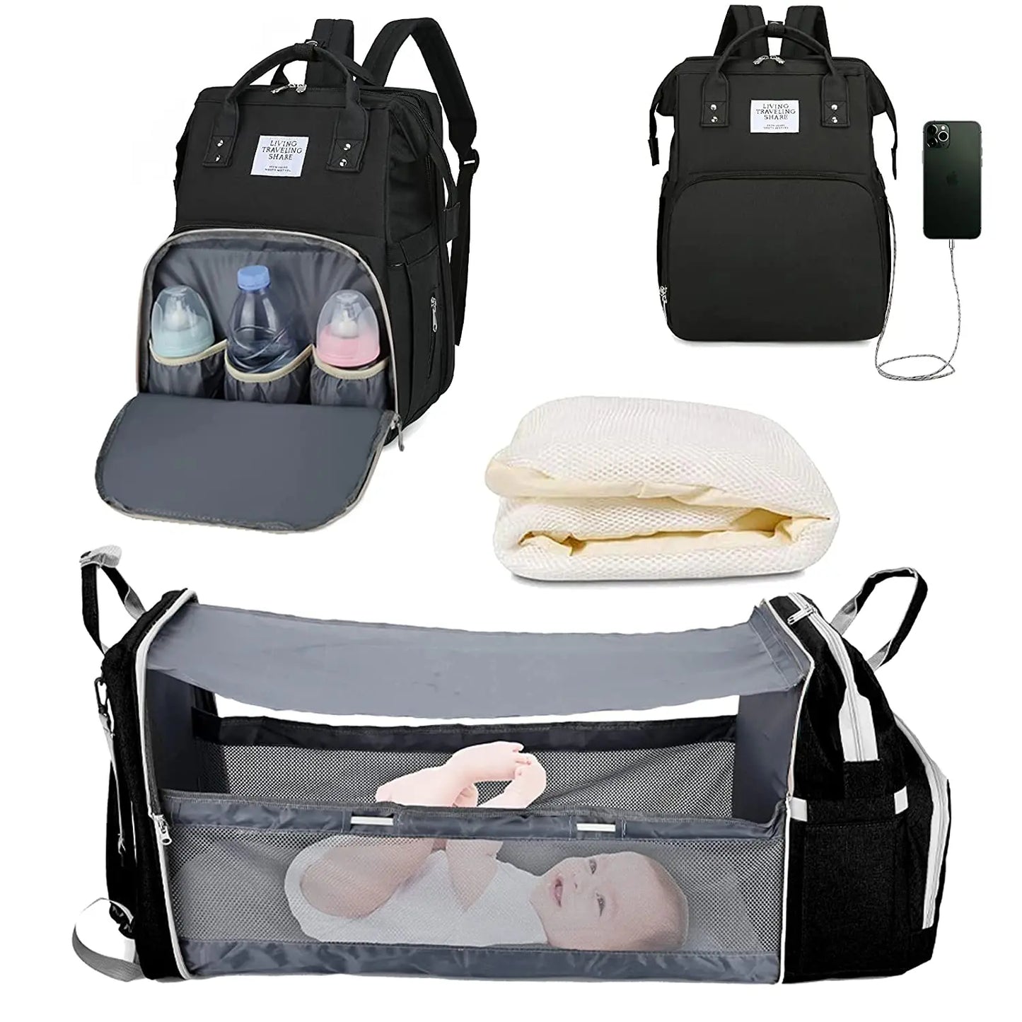 3-in-1 Diaper Bag Backpack with Foldable Baby Bed & USB Charging Port – Waterproof Travel Bag with Changing Station