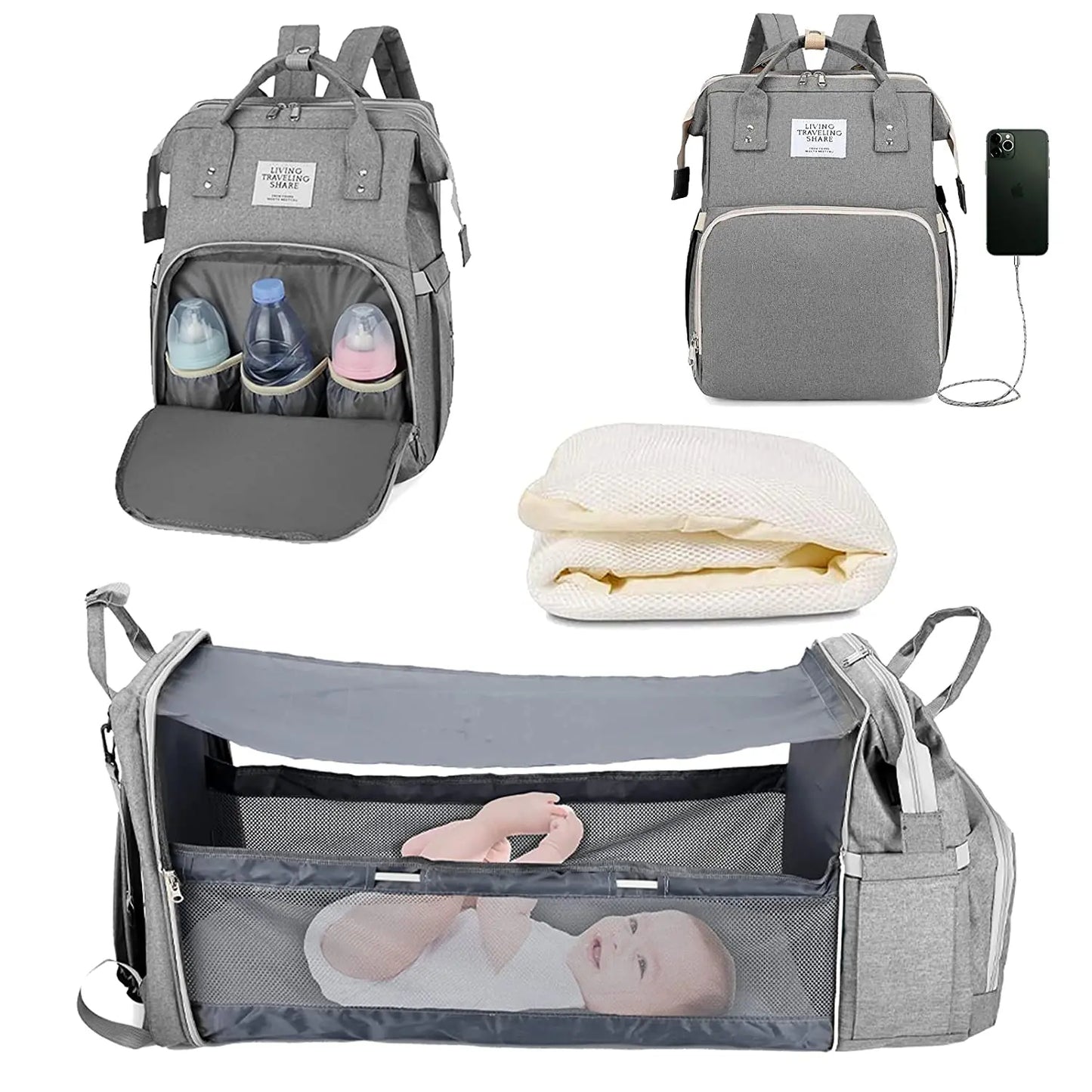 3-in-1 Diaper Bag Backpack with Foldable Baby Bed & USB Charging Port – Waterproof Travel Bag with Changing Station