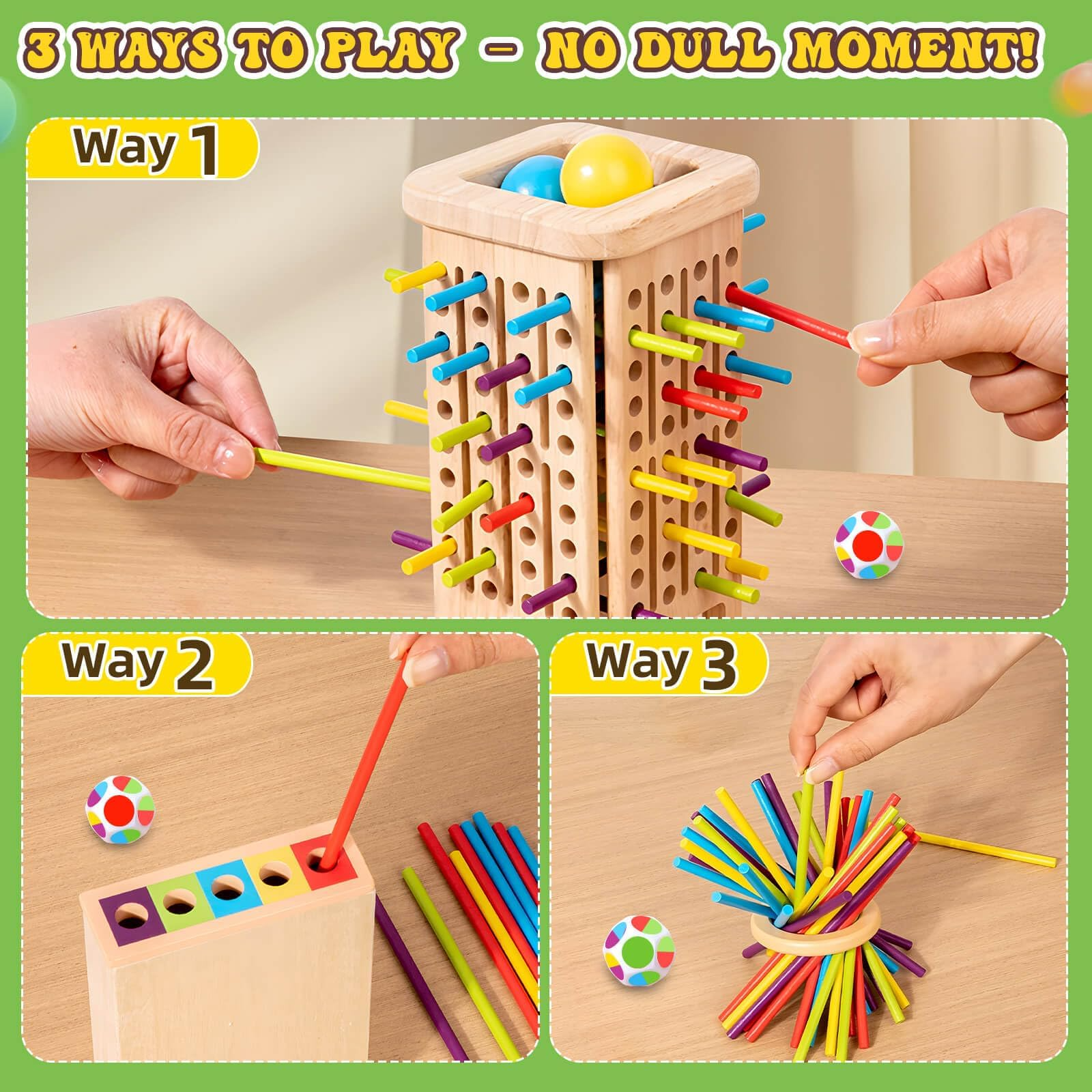 3-in-1 Montessori Game Wooden Stick Tower, Fine Motor Skills, Educational & Interactive Toy, Safe for Ages 3+