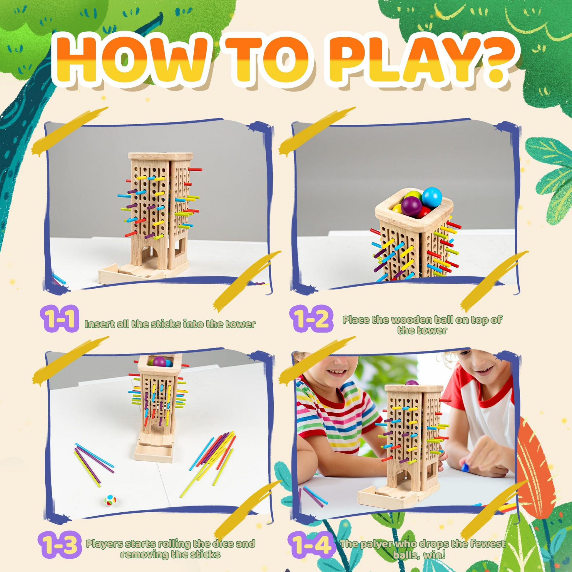 3-in-1 Montessori Game Wooden Stick Tower, Fine Motor Skills, Educational & Interactive Toy, Safe for Ages 3+