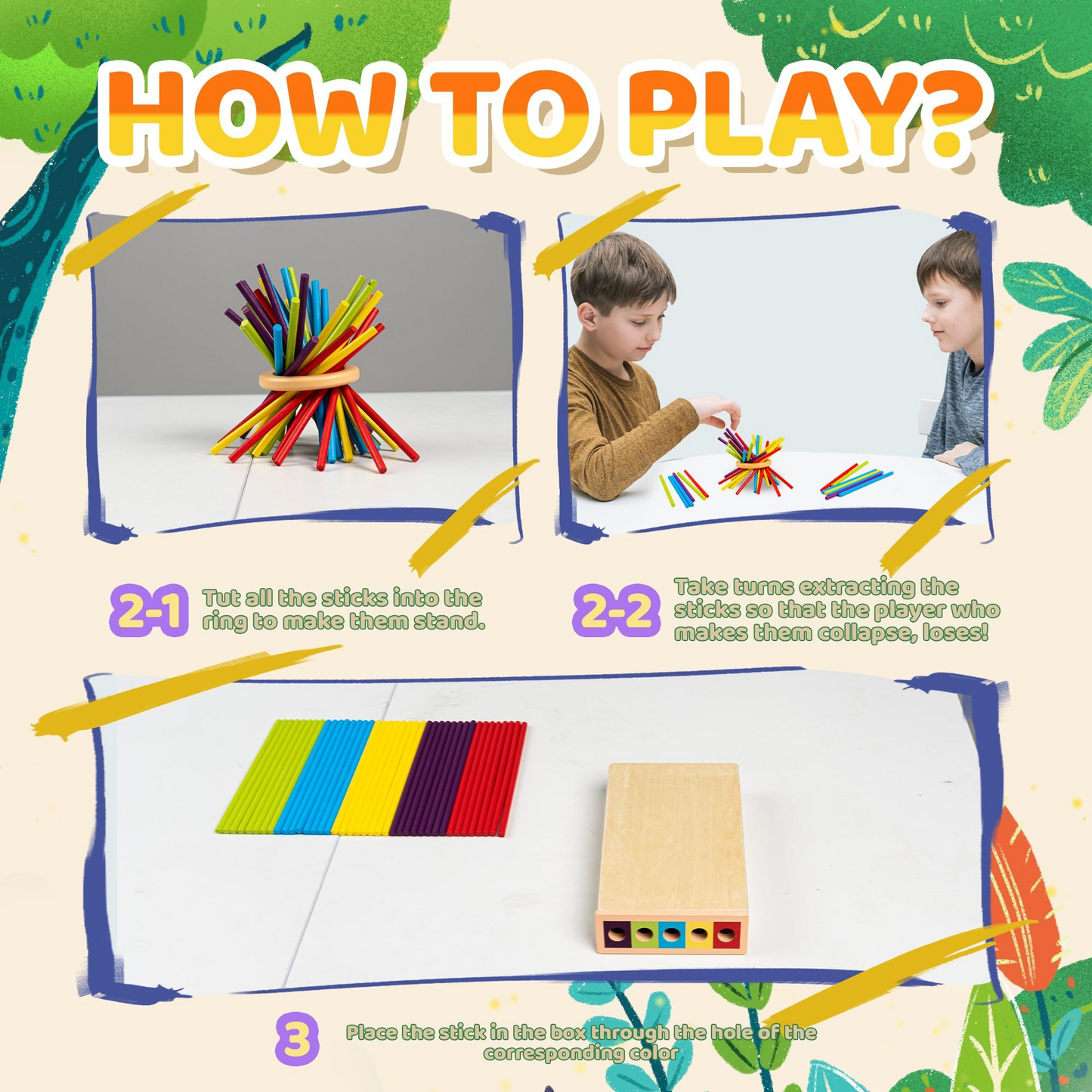 3-in-1 Montessori Game Wooden Stick Tower, Fine Motor Skills, Educational & Interactive Toy, Safe for Ages 3+