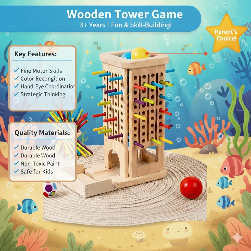 3-in-1 Montessori Game Wooden Stick Tower, Fine Motor Skills, Educational & Interactive Toy, Safe for Ages 3+