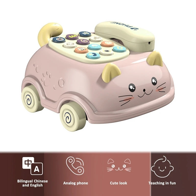 3-in-1 Musical Phone Toy with Mini Piano, Pull-Along Cat Car and Toy Phone, Safe for Ages 1+