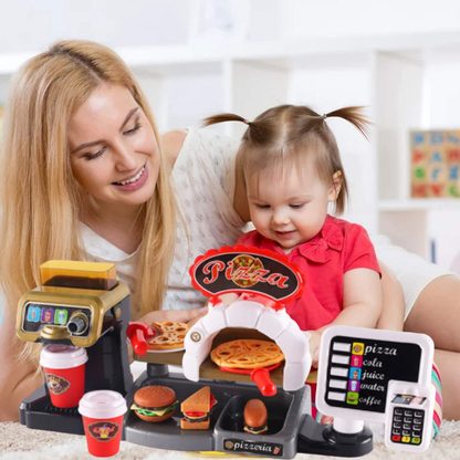 30-Piece Pretend Coffee Shop Playset with Pizza, Cash Register, STEM Toy for Toddlers 3+