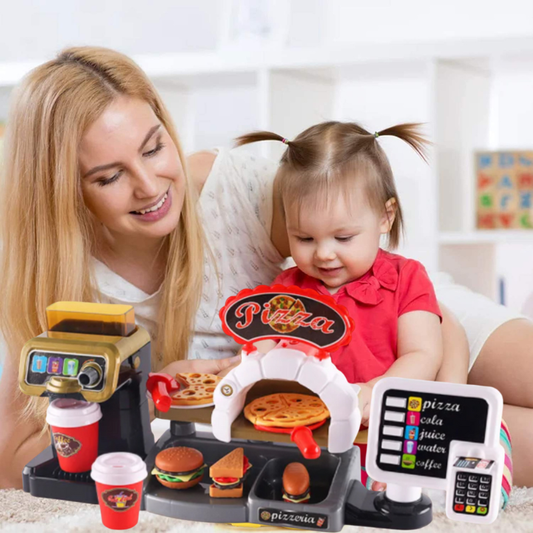 30-Piece Pretend Coffee Shop Playset with Pizza, Cash Register, STEM Toy for Toddlers 3+