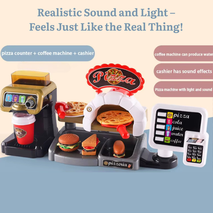 30-Piece Pretend Coffee Shop Playset with Pizza, Cash Register, STEM Toy for Toddlers 3+