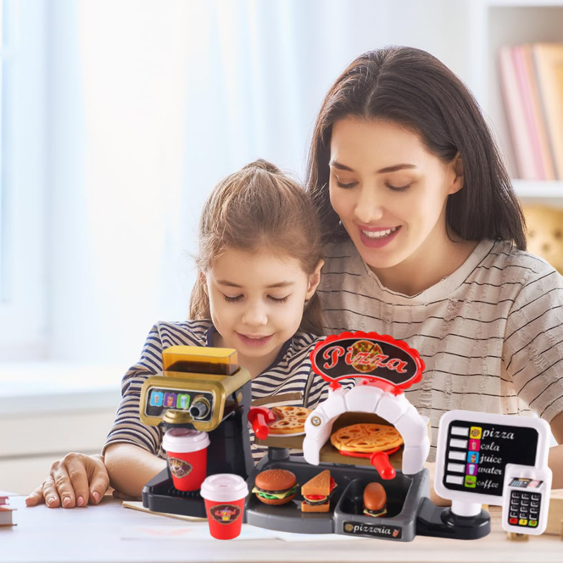 30-Piece Pretend Coffee Shop Playset with Pizza, Cash Register, STEM Toy for Toddlers 3+