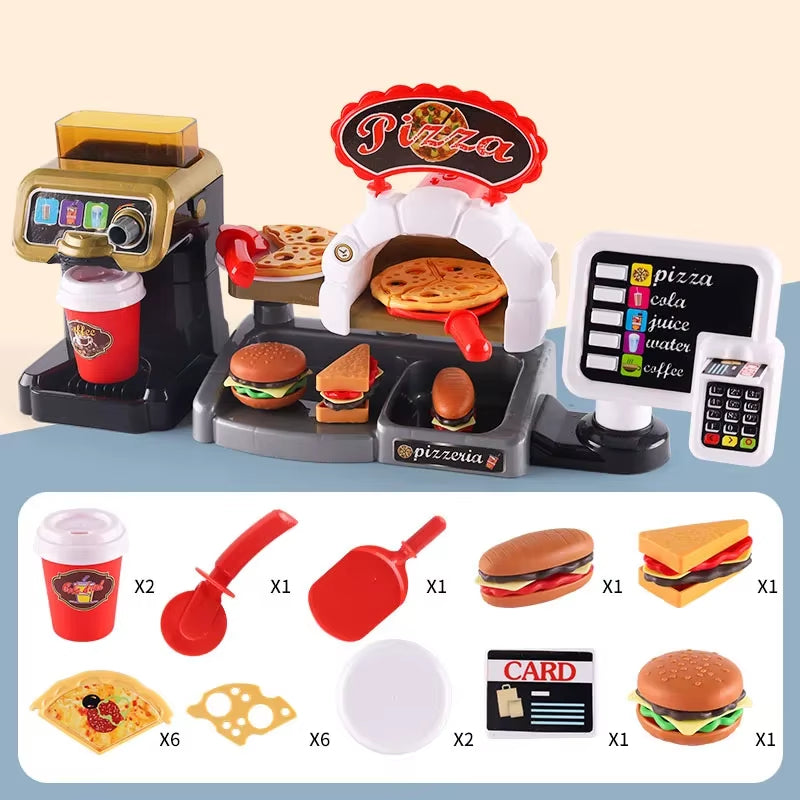 30-Piece Pretend Coffee Shop Playset with Pizza, Cash Register, STEM Toy for Toddlers 3+