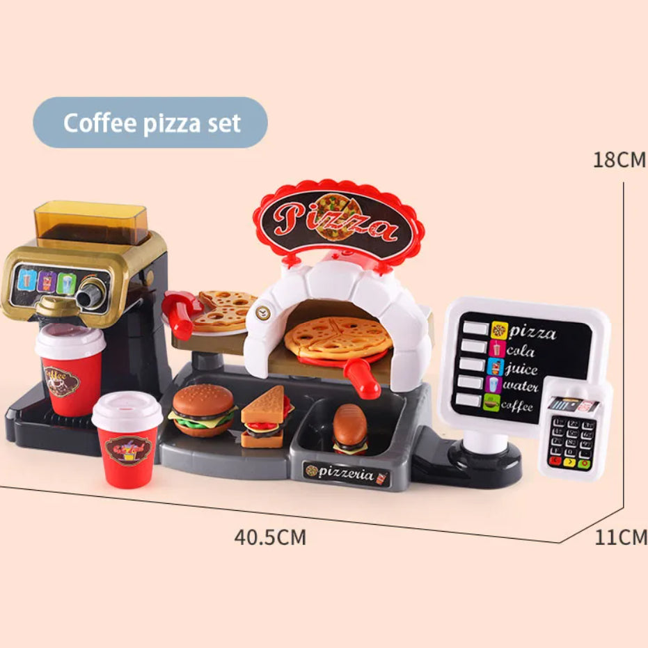 30-Piece Pretend Coffee Shop Playset with Pizza, Cash Register, STEM Toy for Toddlers 3+