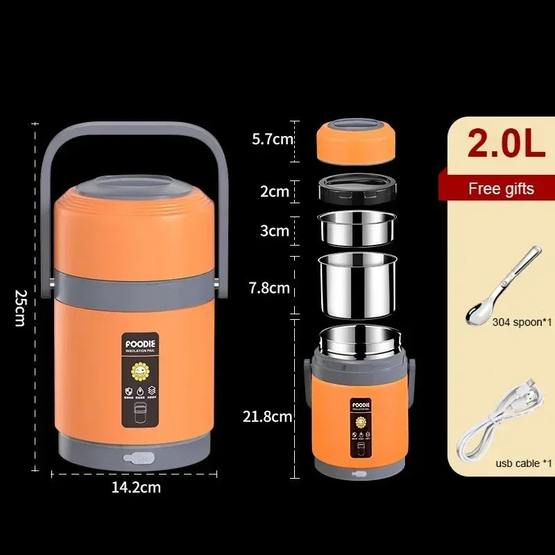 304 Stainless Steel Heated Lunch Box with USB Heating, Constant Temperature 65°C, Portable & Rechargeable