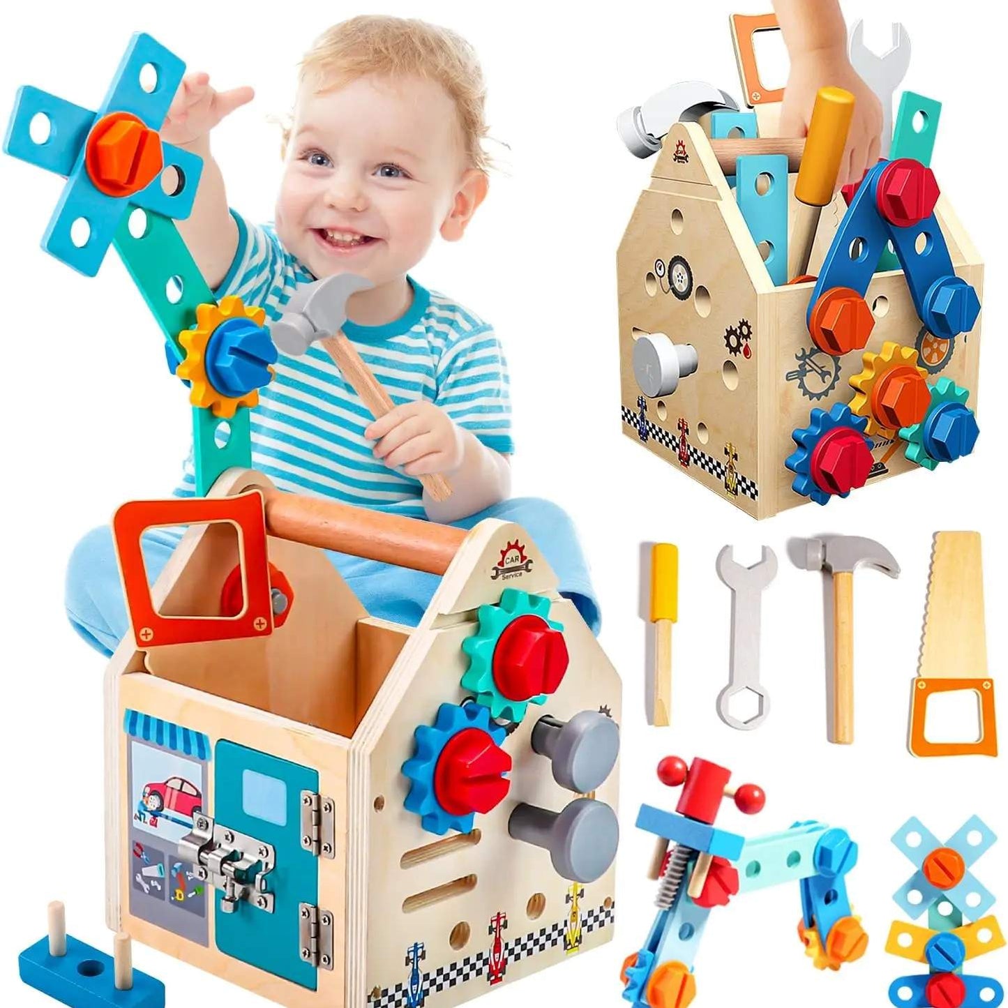33 PCS Wooden Toolbox Set, Montessori Pretend Play, Fine Motor Skills & Dexterity, Safe for Ages 2+