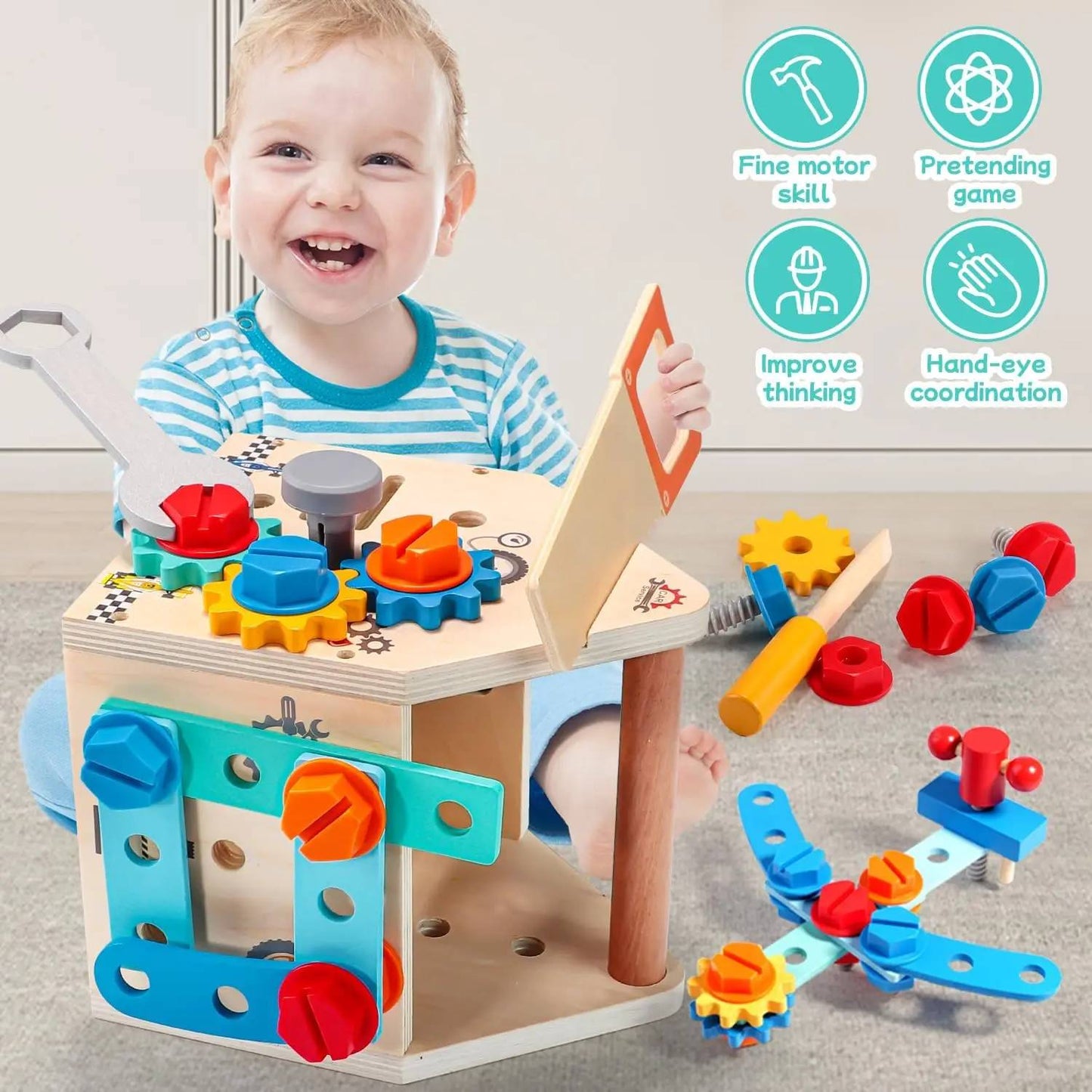 33 PCS Wooden Toolbox Set, Montessori Pretend Play, Fine Motor Skills & Dexterity, Safe for Ages 2+