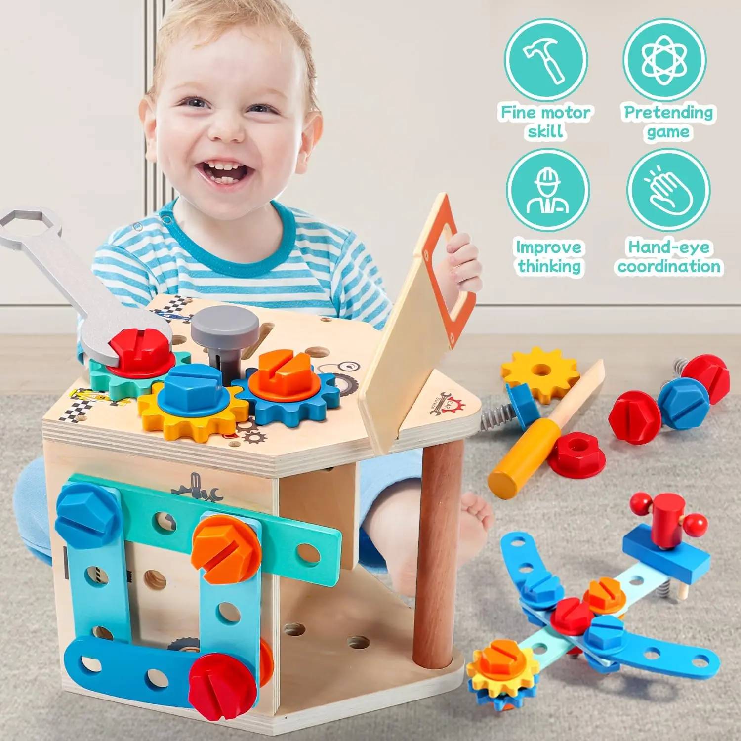 33 PCS Wooden Toolbox Set, Montessori Pretend Play, Fine Motor Skills & Dexterity, Safe for Ages 2+
