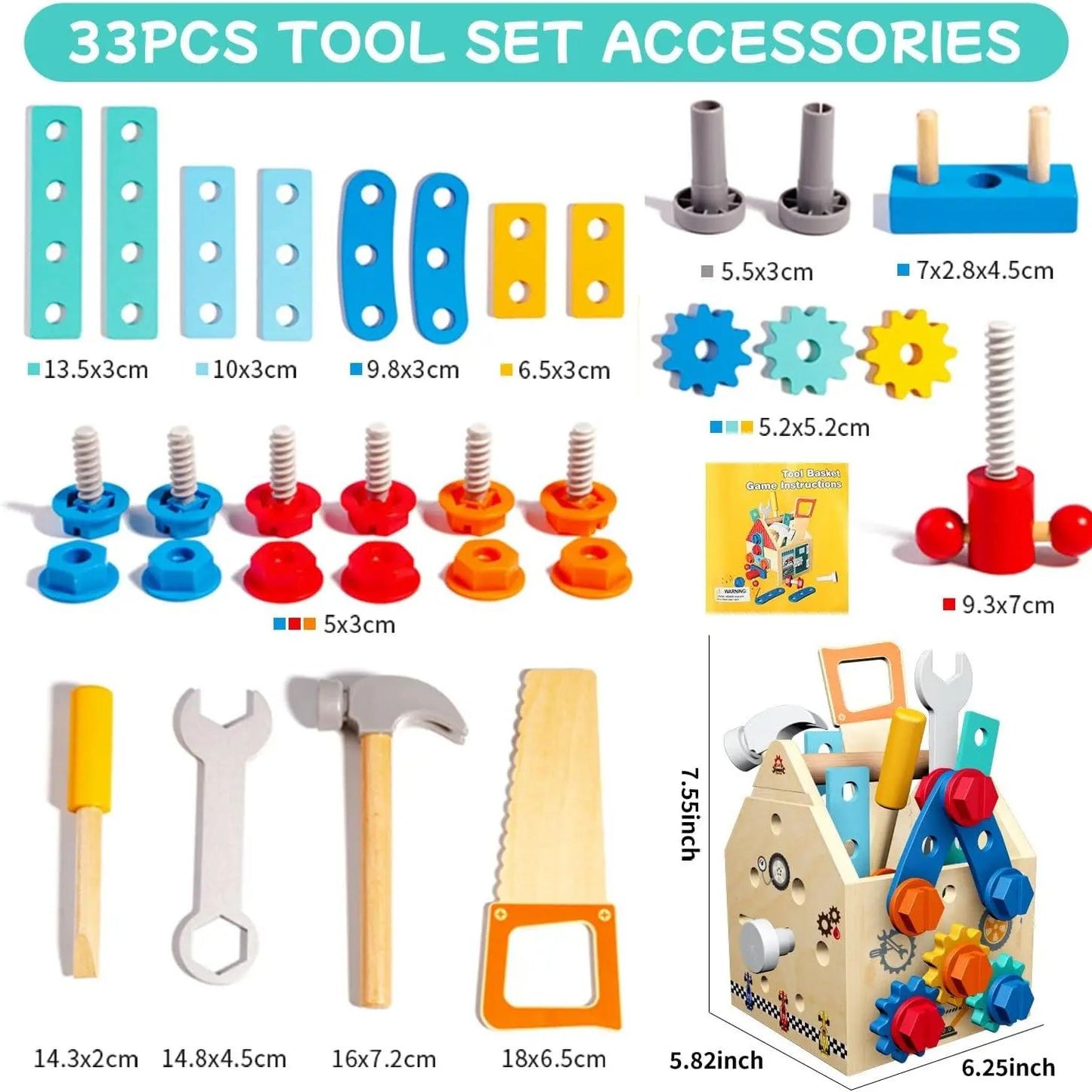33 PCS Wooden Toolbox Set, Montessori Pretend Play, Fine Motor Skills & Dexterity, Safe for Ages 2+