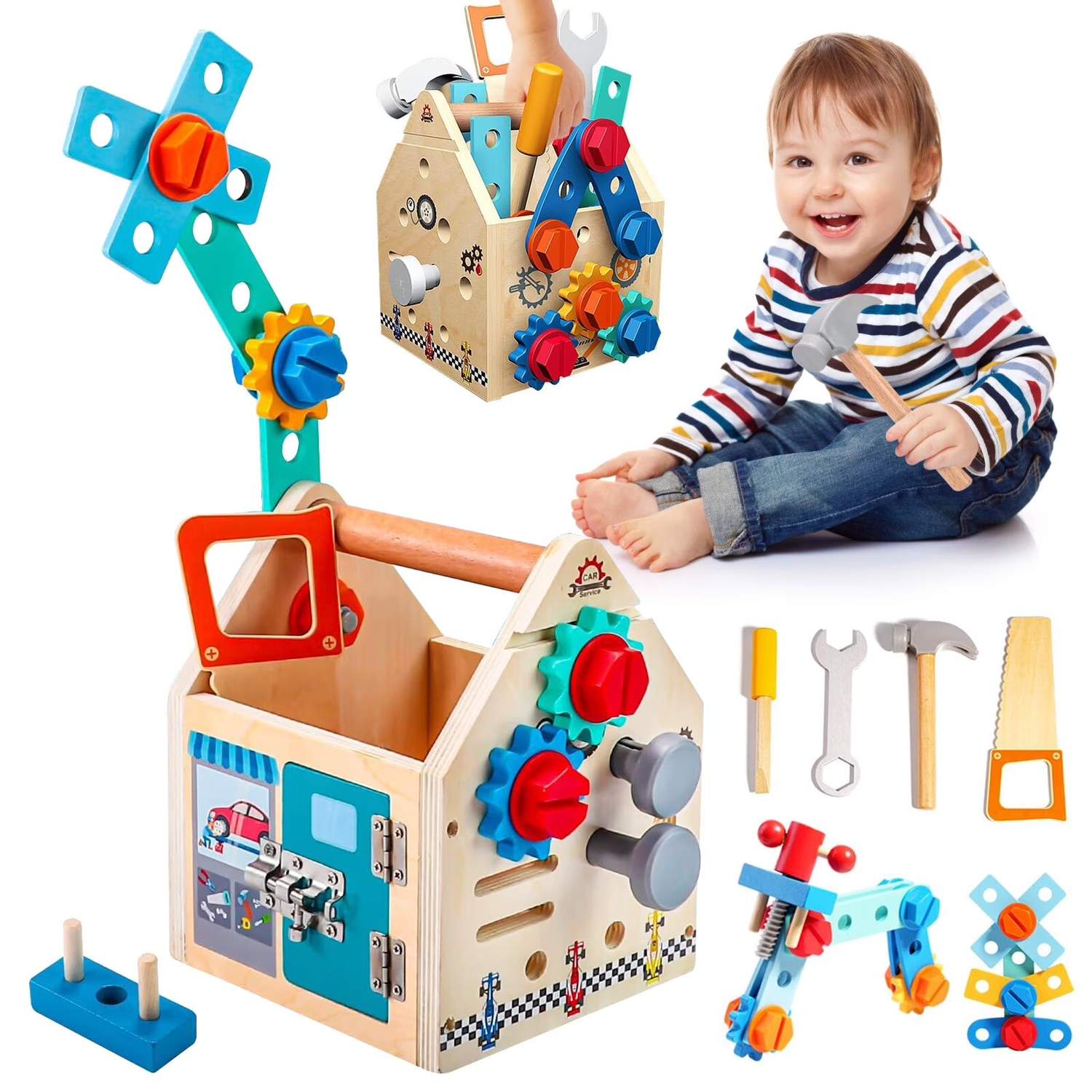 33 PCS Wooden Toolbox Set, Montessori Pretend Play, Fine Motor Skills & Dexterity, Safe for Ages 2+